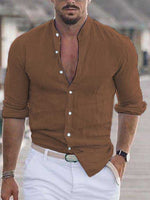 Men's casual cotton button-up shirt, brown, V-neck placket, 3/4 sleeves