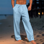 Blue drawstring pocket wide-leg pants, men's cotton straight trousers
