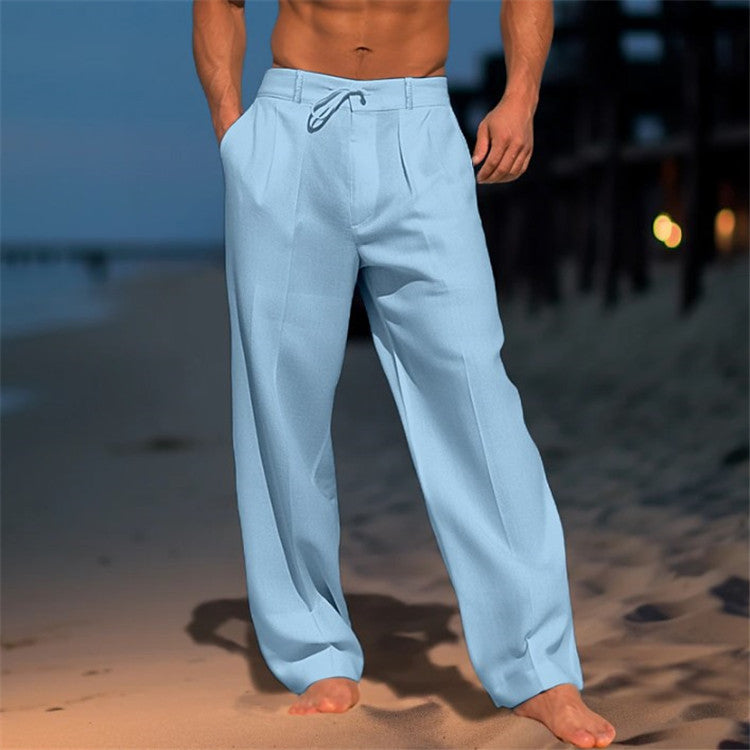 Blue drawstring pocket wide-leg pants, men's cotton straight trousers
