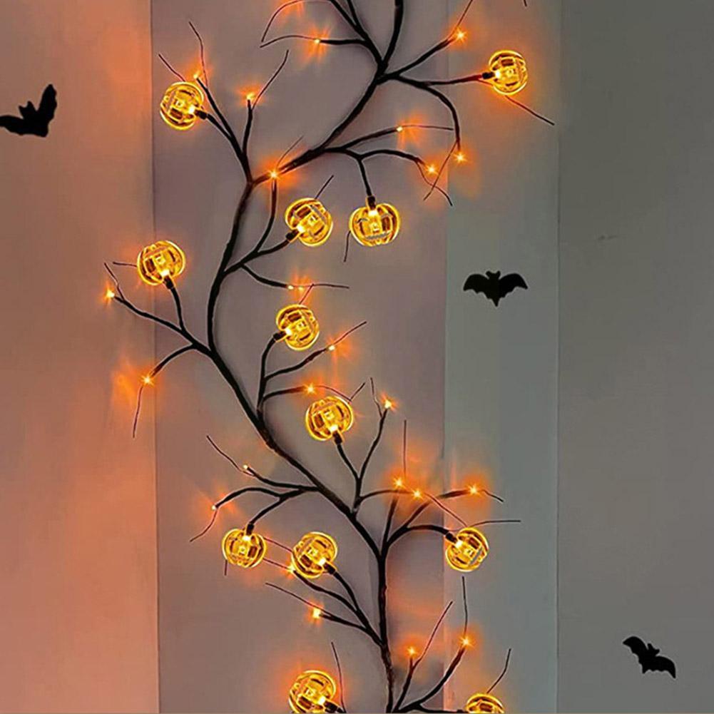 Guirnalda de luces LED de sauce de Halloween con motivos de murciélago y calabaza para decoración interior y exterior de fiestas y casas