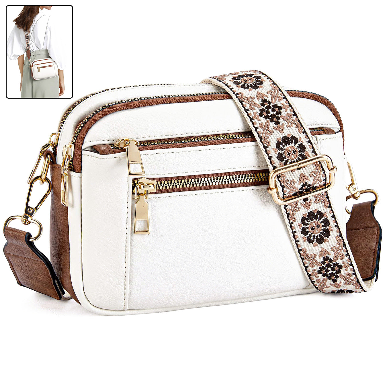 White crossbody bag with three zip compartments and floral embroidered strap, brown trim