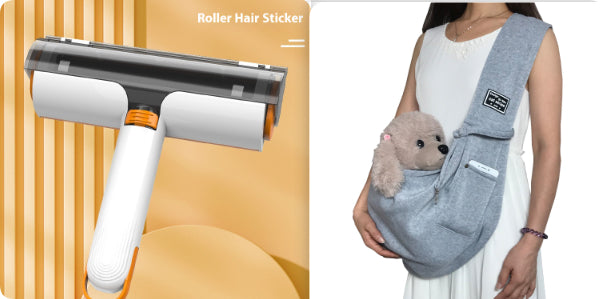 Lint roller hair remover with white handle and orange center, gray fur on cloth