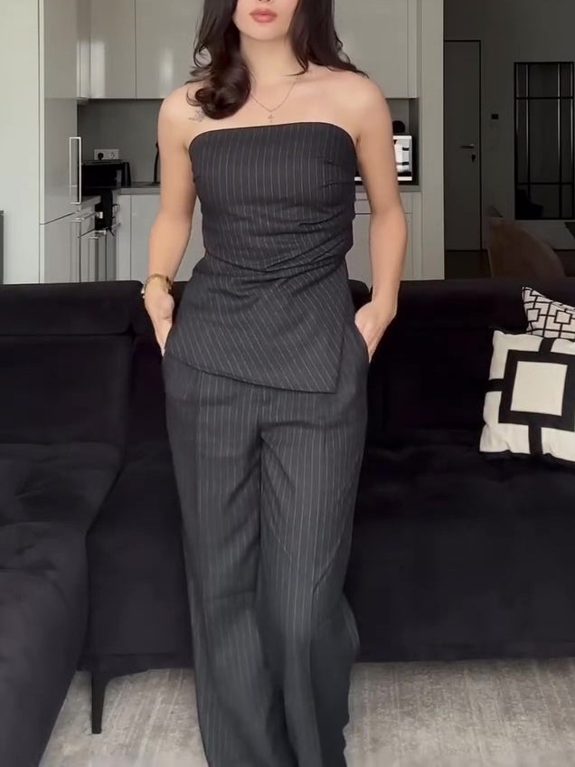 Striped tube top and high-waist trousers set, dark pinstripe strapless top and straight legs