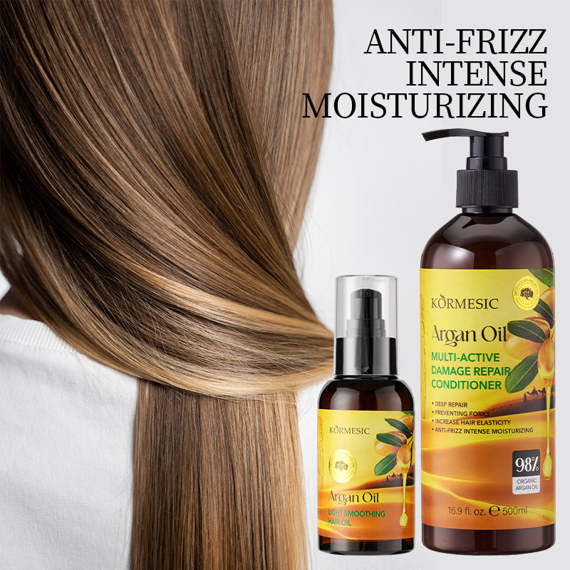 Argan oil hair oil pump bottle and mini bottle, shown with blonde hair
