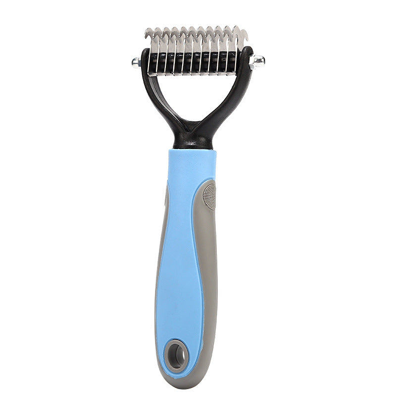 Double-sided pet brush grooming comb with blue handle and stainless steel pins
