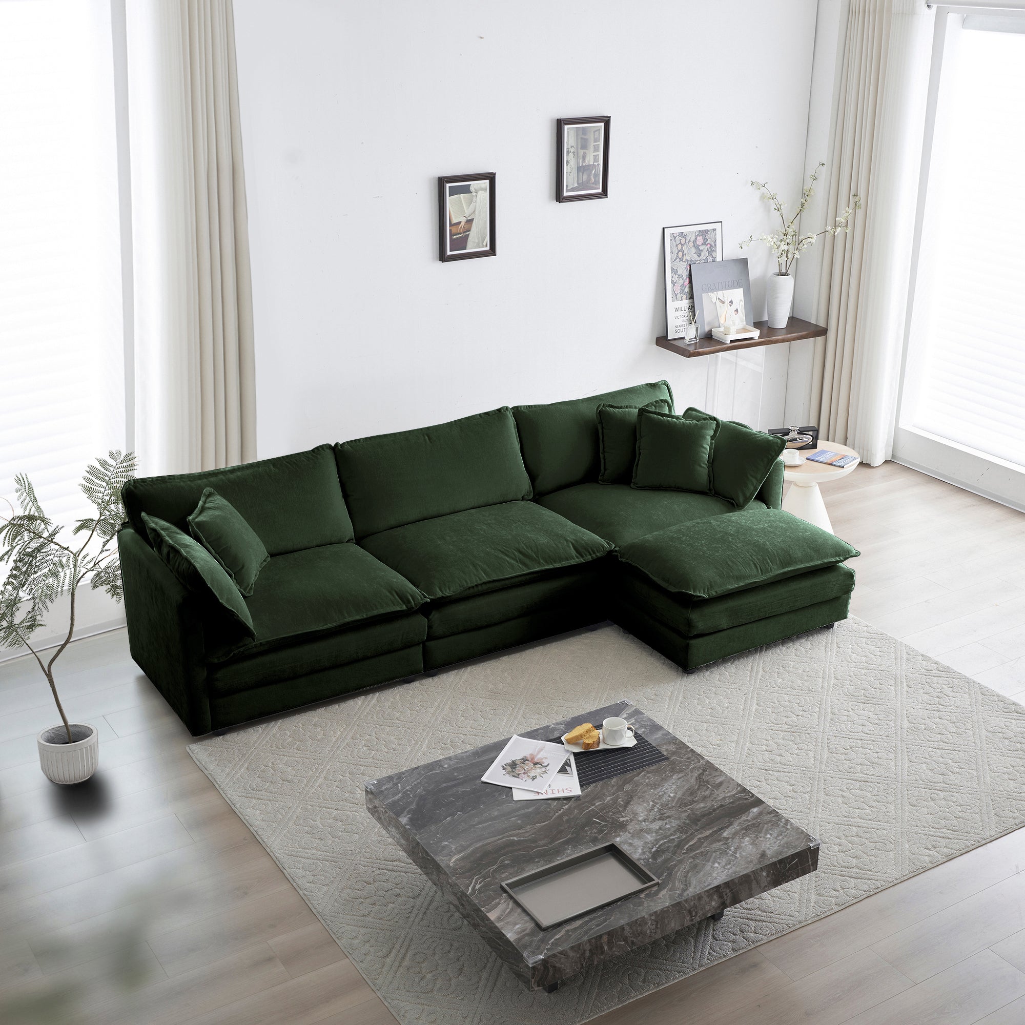 Sofá Seccional Modular Grande en Forma de L con Tapicería Cómoda de Combinación Libre y Otomana Reversible, Chenilla Verde