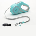Retractable leash set with collar, aqua case, gray strap, 3M leash, metal clasp