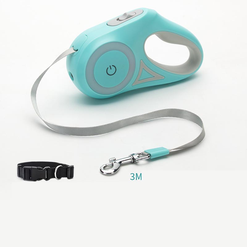 Retractable leash set with collar, aqua case, gray strap, 3M leash, metal clasp