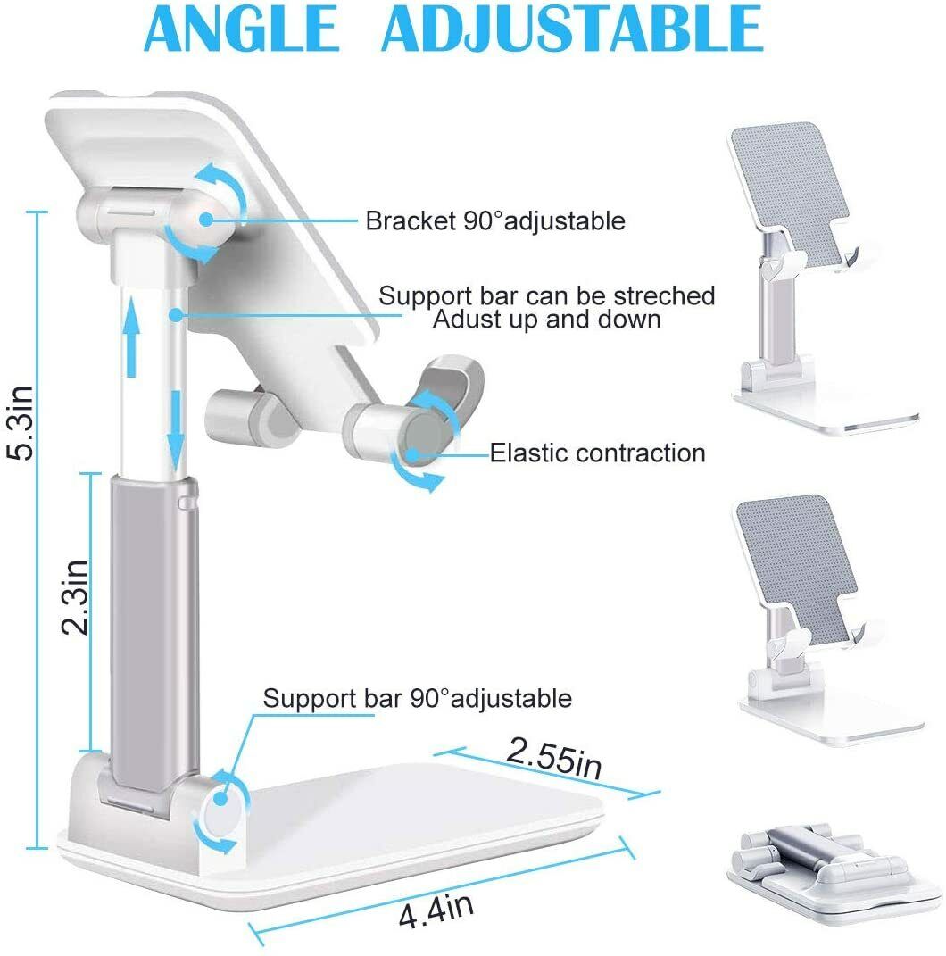 Foldable desktop phone stand with adjustable bracket and support bars, white