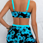 Back view of blue and black floral bikini top with matching skirt and bottoms