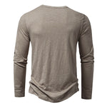 Men's long sleeve henley pullover in light gray, back view with curved hem