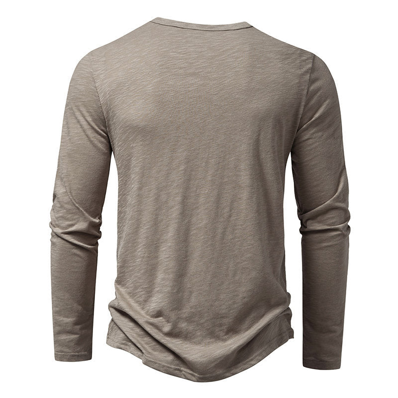 Men's long sleeve henley pullover in light gray, back view with curved hem