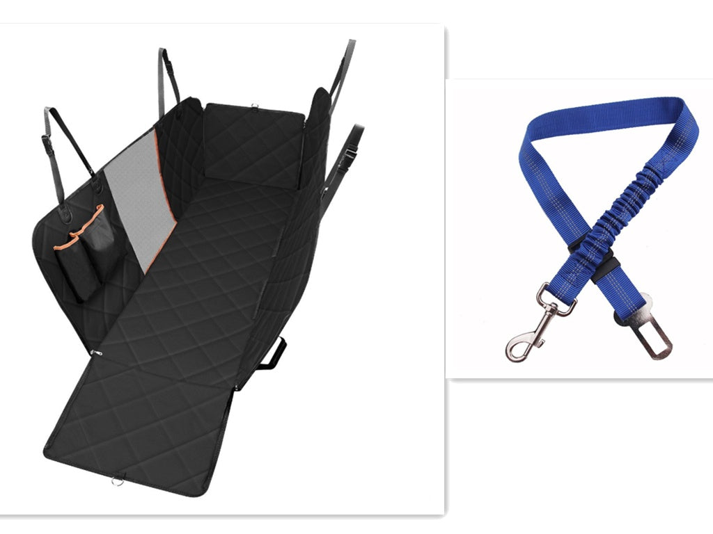 Black dog car seat cover hammock with quilted surface, side pockets, and hanging straps