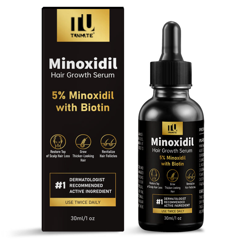 Minoxidil hair growth serum bottle with dropper and matching product box