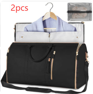 Black waterproof duffle bag with open garment compartment and zipper mesh storage pouch