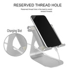 Aluminum tablet and phone stand with angled cradle and charging slot, silver