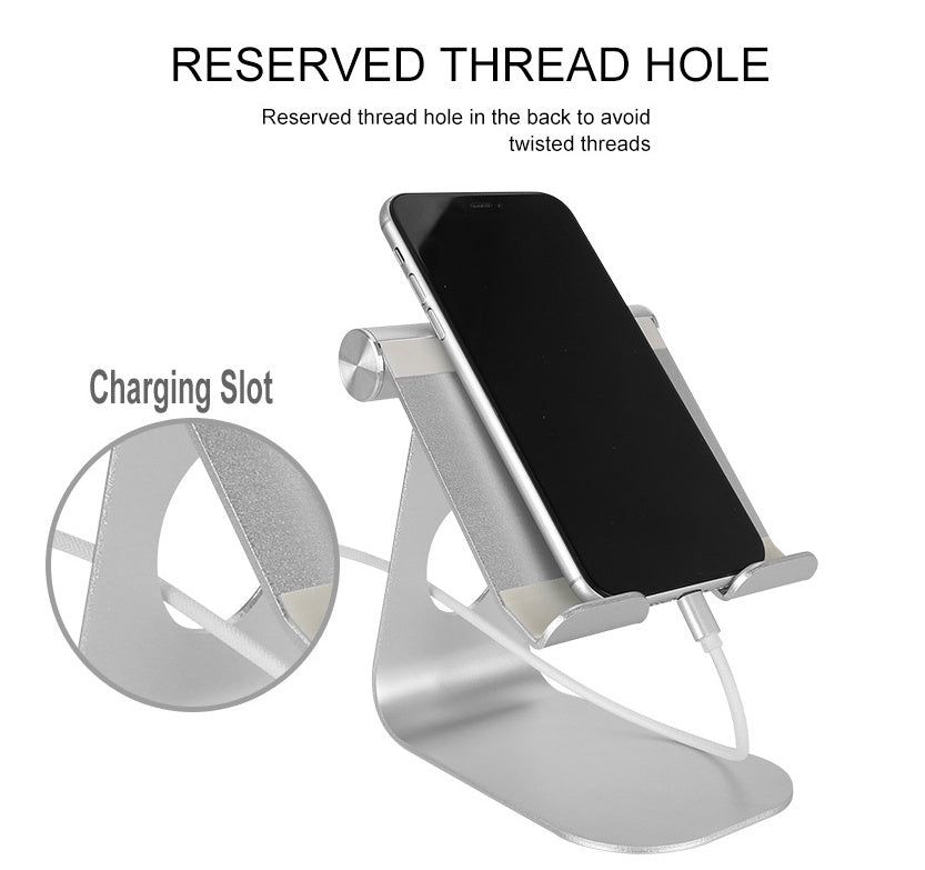 Aluminum tablet and phone stand with angled cradle and charging slot, silver