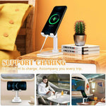 Foldable desktop phone stand with black frame and smartphone charging at desk