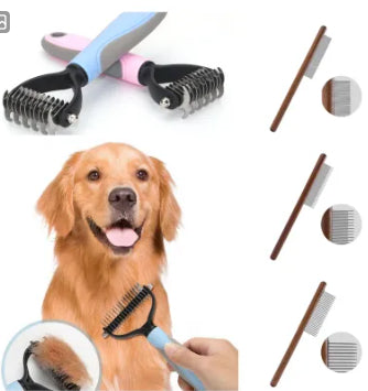 Double-sided pet brush and dematting combs with blue handle shown with a dog