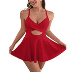 Cutout sling one-piece swimsuit with skirt, red all-over design with cutout waist