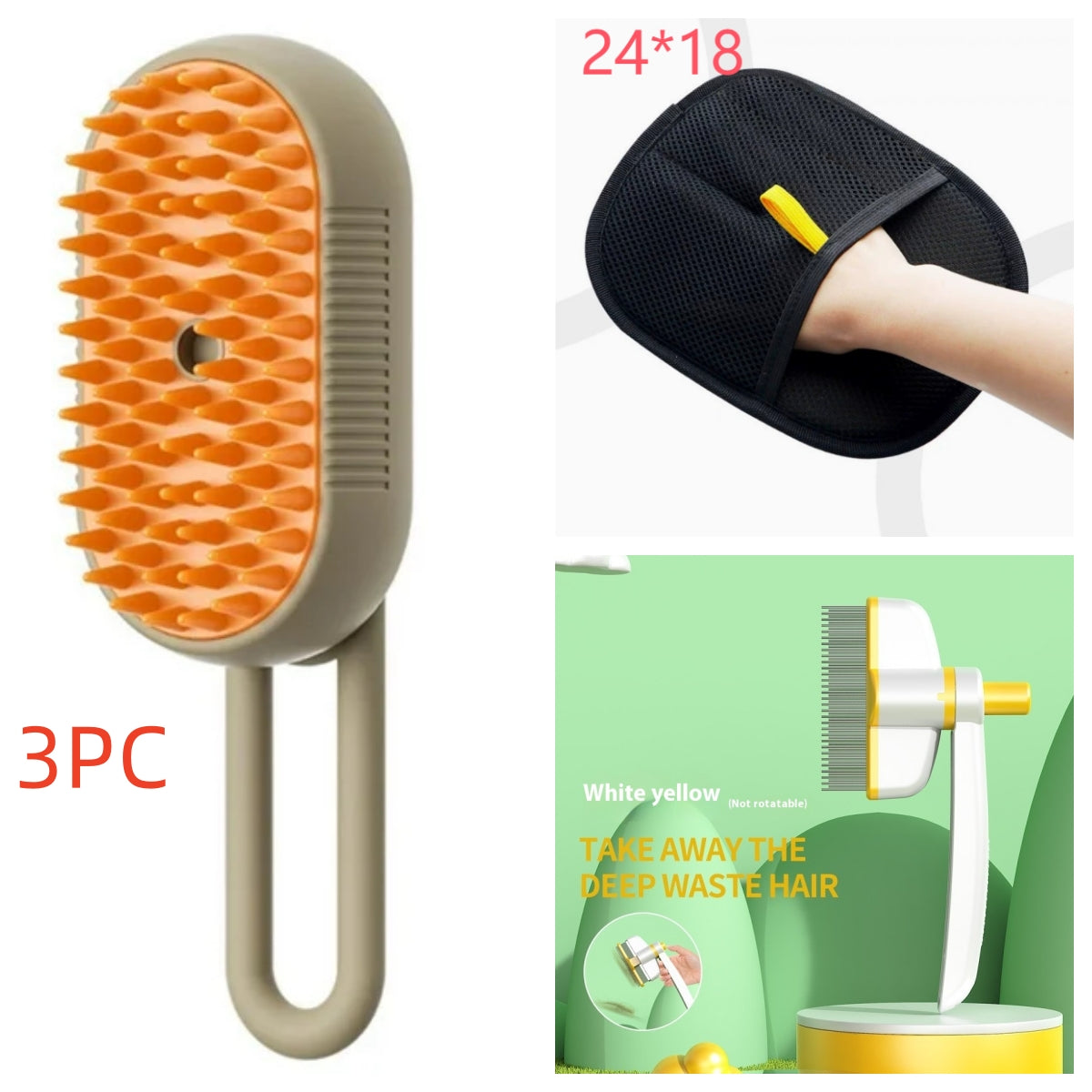 Electric steam pet brush with orange silicone grooming pad and beige handle