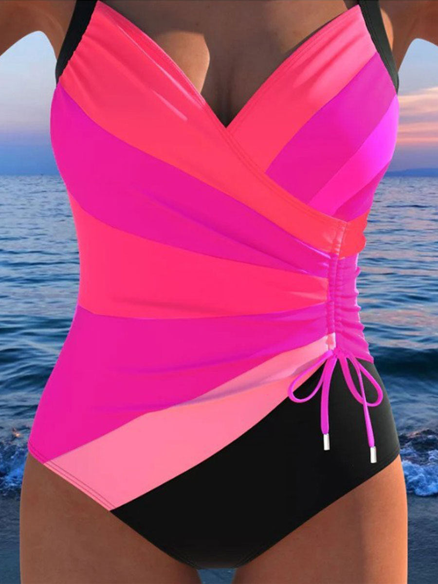 Backless tankini swimsuit, bright pink V-neck with black side panels and waist drawstring