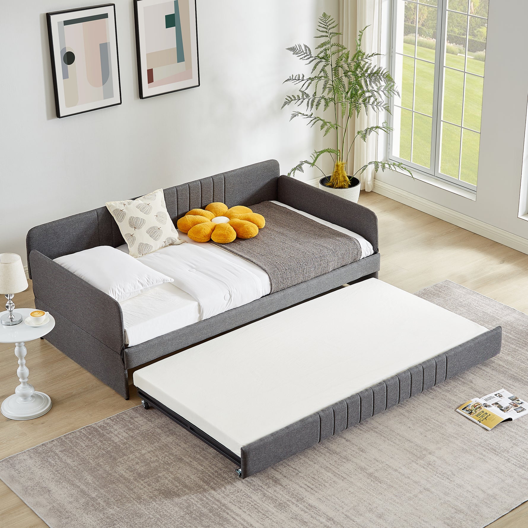 Daybed, Sofa Bed Metal Framed With Trundle Twin Size, Grey, 78.4 L X 41 W X 29.8 H.