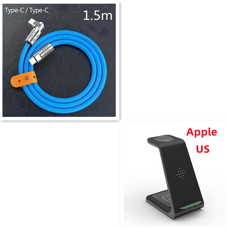 Wireless charger stand with cable, black, 1.5m, Lightning to Type-C connectors, blue cord