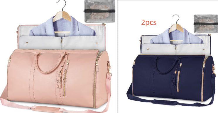 Two foldable waterproof duffle bags, pale pink and navy with tassel zippers