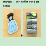 Blue foldable dog poop scooper with black top, includes poop bag pack.