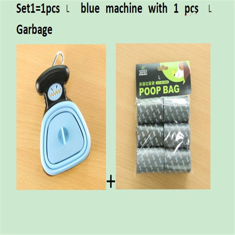 Blue foldable dog poop scooper with black top, includes poop bag pack.