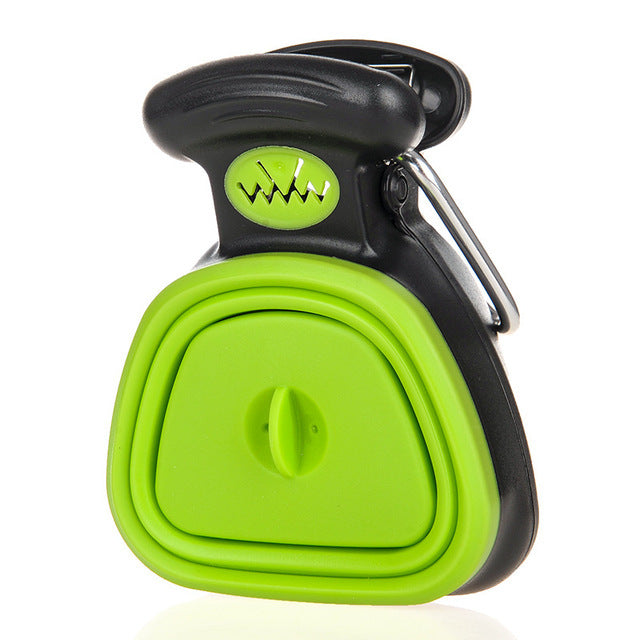 Green and black foldable pet waste scooper dispenser