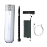 Portable car vacuum cleaner, white handheld cylinder with extendable nozzle and accessories set