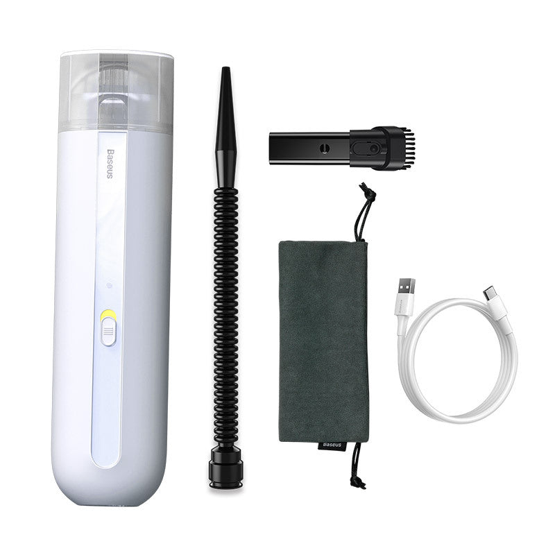 Portable car vacuum cleaner, white handheld cylinder with extendable nozzle and accessories set