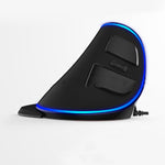 Vertical ergonomic wired RGB mouse, close view of side buttons with blue LED edge