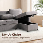 Upholstery Sleeper GREY Sectional Sofa With Storage Space, USB Port, 2 Cup Holders On Back Cushions