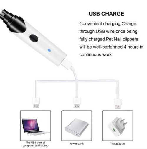 Electric pet nail grinder with USB charging setup and included power accessories