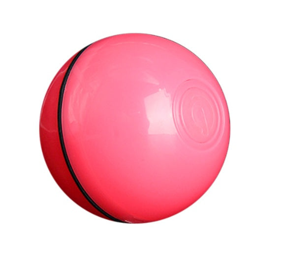 LED rolling cat toy ball in red-pink with black trim and embossed top