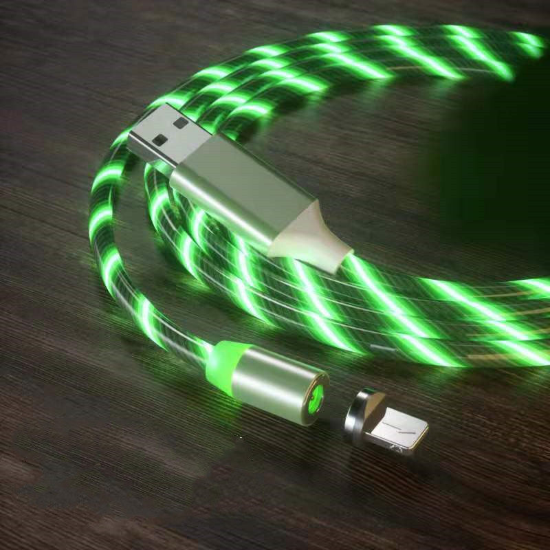Magnetic LED charging cable with green light trails and USB-A connector