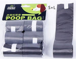 Black poop waste bag rolls with white tie-like accents
