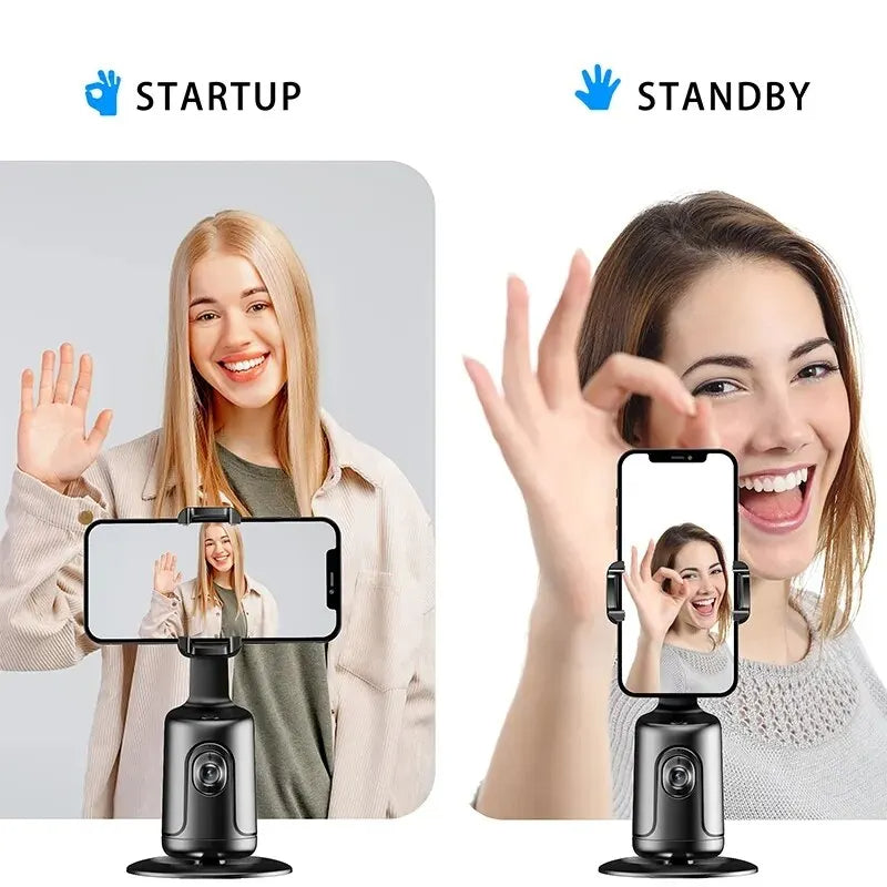 Auto tracking smartphone gimbal with phone holder showing portrait tracking use