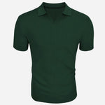 Men’s V-neck polo shirt, short sleeves, vertical stripe texture, dark green