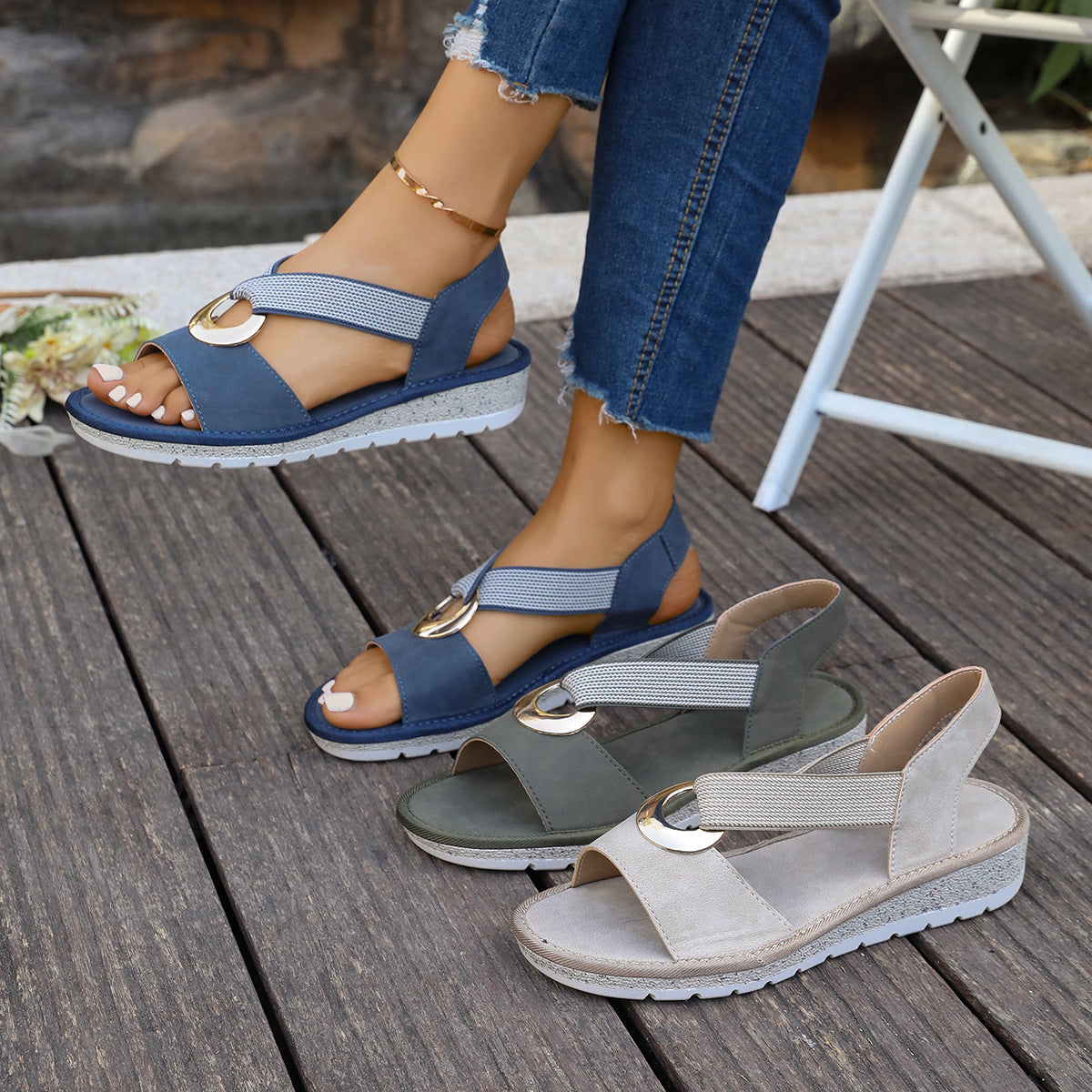 Woven-strap sandals with gold metal buckles, blue and light green colorways