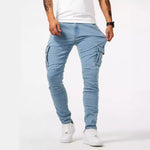 Light blue denim cargo pants, slim straight fit with side cargo flap pockets