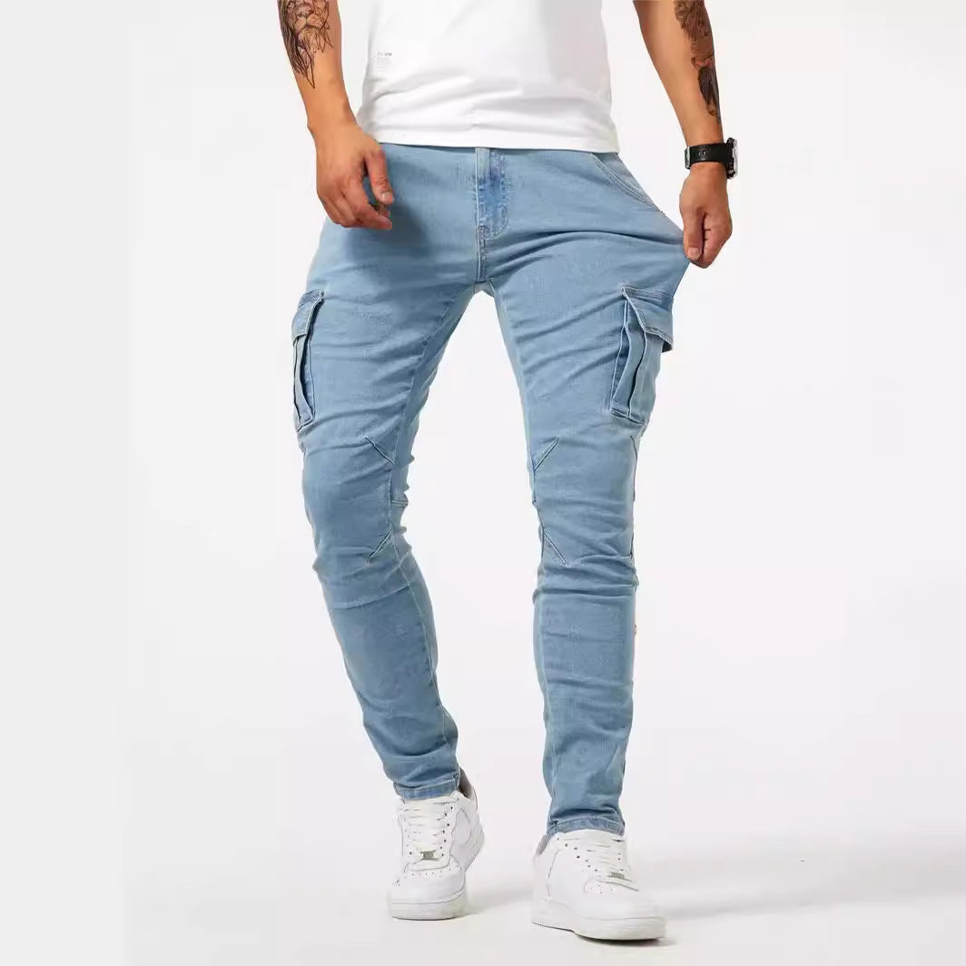 Light blue denim cargo pants, slim straight fit with side cargo flap pockets