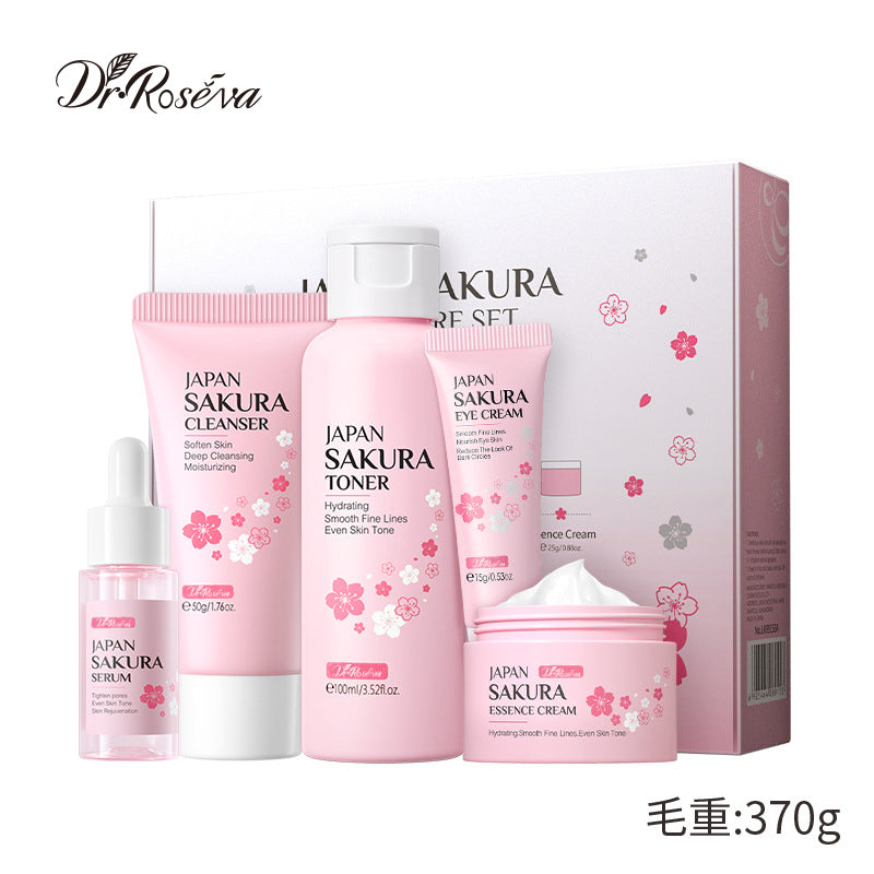 5-piece skincare set with pink Japan Sakura bottles and creams in gift box