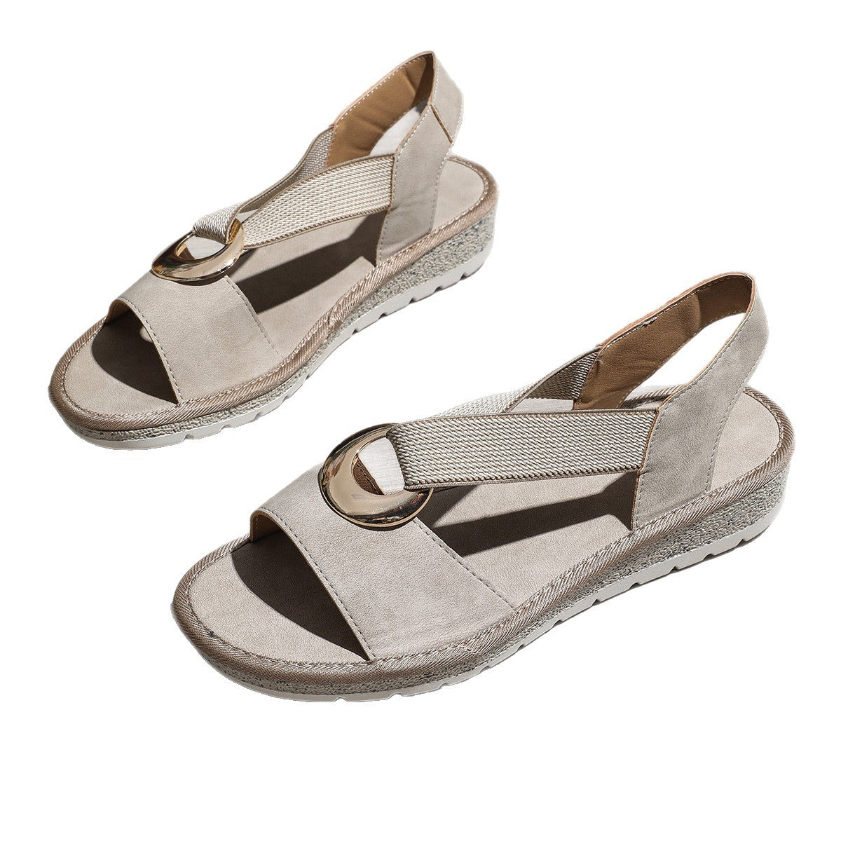 Beige woven-strap sandals with round gold metal buckles and open toe