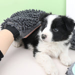 2-in-1 pet grooming glove with pink silicone bristle pad and gray chenille