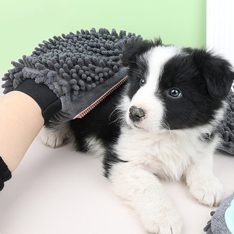 2-in-1 pet grooming glove with pink silicone bristle pad and gray chenille