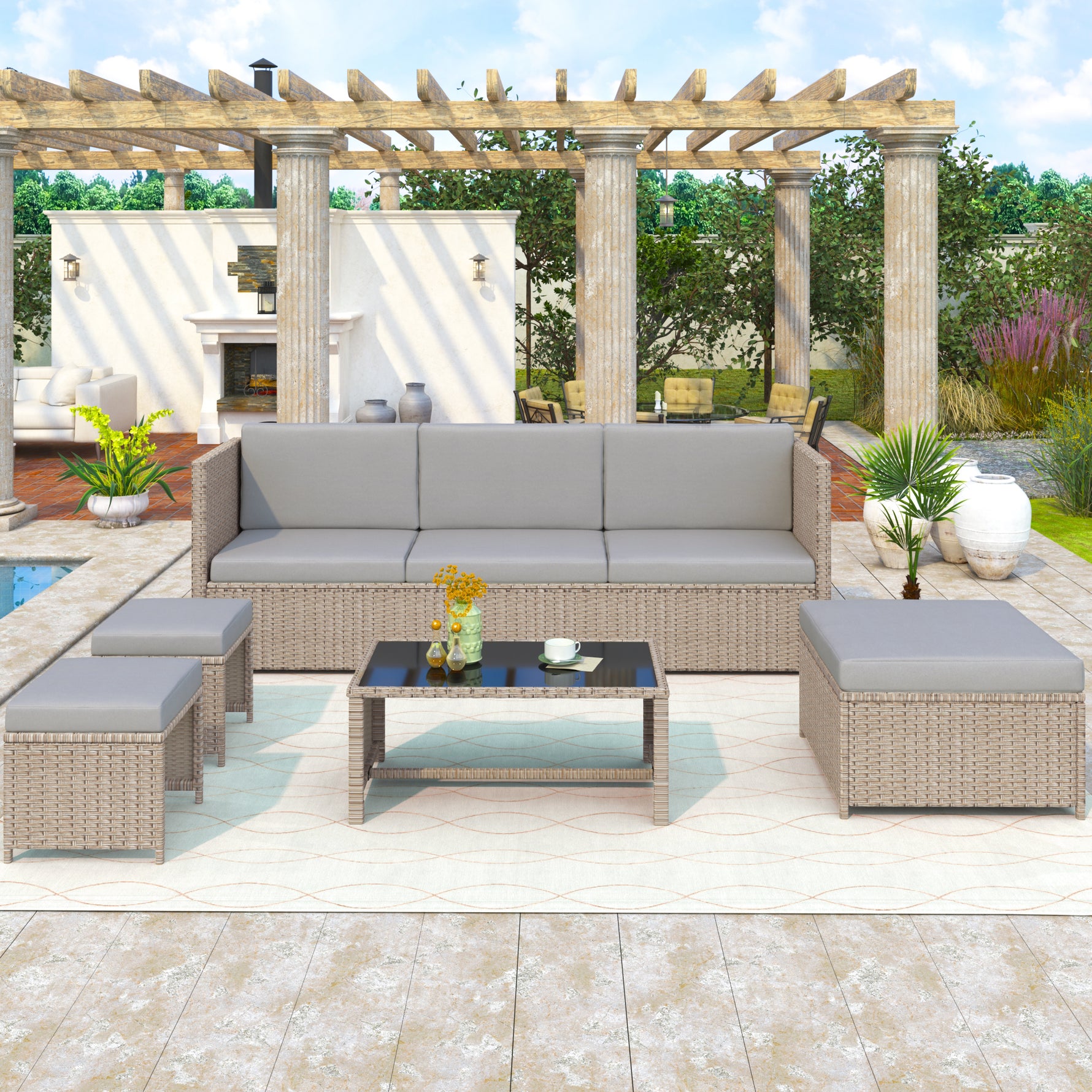 4-6 Seater Garden Lounge Set – Rattan Patio Furniture, Khaki